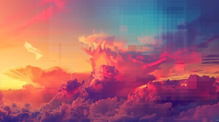 Abstract colorful cloudscape with digital glitch effect