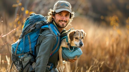 Man hiking with dog in the backpack