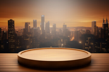 An empty round wooden podium set amidst a city and maximalist background a product display background or wallpaper concept with backlighting 