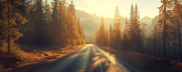 Sunrise on a mountain road through a forest