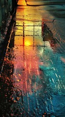 Reflection of sunset on wet city street