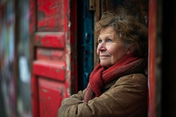 Portrait of an elderly woman in a red scarf on the street.