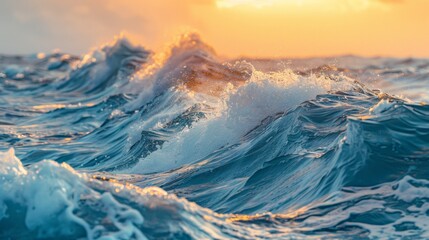 Ocean waves in the evening sunset light. - obrazy, fototapety, plakaty