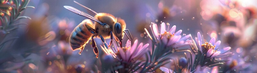 Closeup of a bee on a city flower, a moment of pollination captured against the backdrop of urban nature - obrazy, fototapety, plakaty