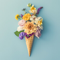 Waffle Cone Bouquet of Spring Flowers on a Pastel Blue Background