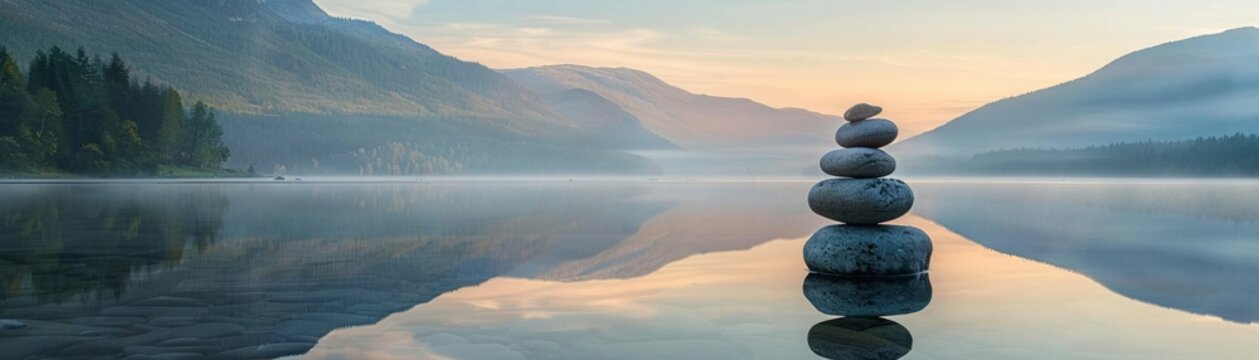 A solitary Zen stone stack beside a calm lake, reflecting the first light of sunrise, symbolizing balance