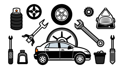 car-auto-service-icons-set-vector-image--black-and-white background  vector illustration