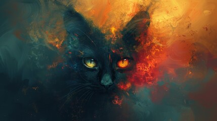 Abstract fiery cat with mystical eyes - obrazy, fototapety, plakaty