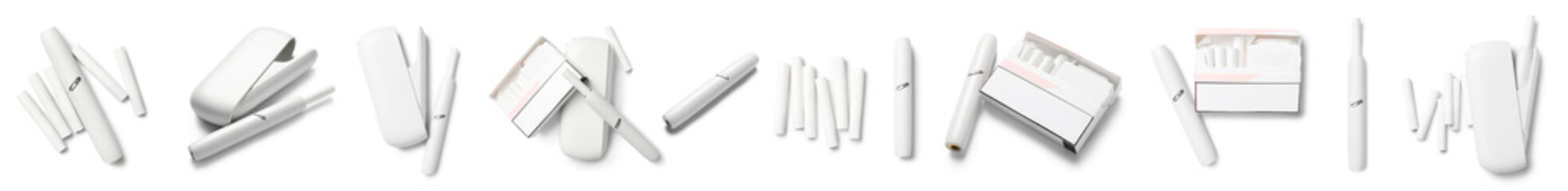 Collage of modern electronic cigarette devices with sticks on white background