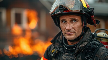  Firefighter wearing full gear stands prepared in front of a raging house fire. Brave Firefighter Ready for Action During Residential Blaze at Dusk