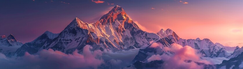 A mountain summit, bathed in the first light of dawn, symbolizes the pinnacle of achievement and the fulfillment of aspirations - obrazy, fototapety, plakaty
