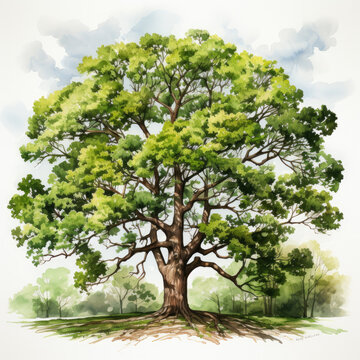 watercolor Oak tree clipart, Generative Ai