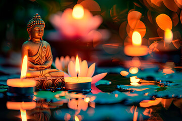Happy buddha purnima. Buddhist figure with candles on a dark background with copy space. national day of birth of buddha