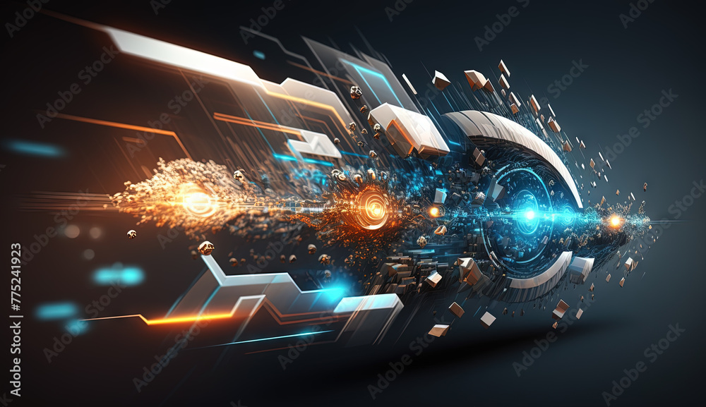 Poster colorful explosion of sci-fi engine and particles. technology abstract with scientific device blast.