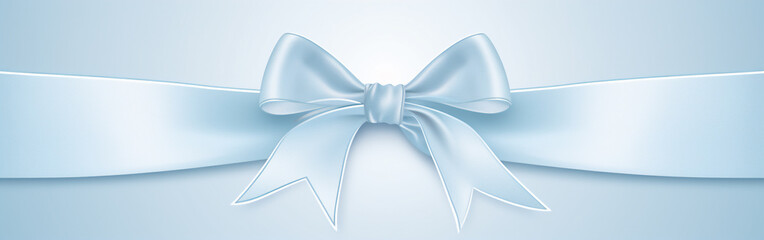Horizontal powder blue ribbon and bow on a eccentric background for wedding invitation card greeting card or gift boxes 