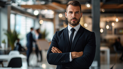 Handsome caucasian Businessman in a Modern Corporate Setting, Determined Corporate Leader with Beard