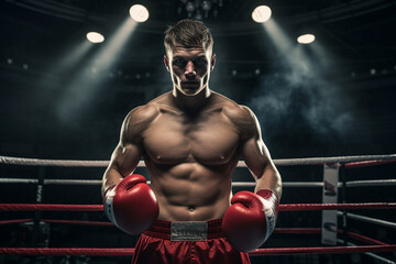 Fototapeta na wymiar Generative AI image of boxer with a determined look in eyes wearing a boxing gloves