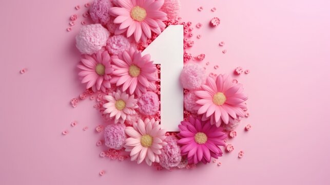 number 1 and flowers on a pink background. birthday invitation card. spring and holiday.