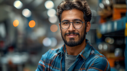 Hispanic man wearing glasses working as engineer scientist technology research, portrait photo, blur background, Gen AI