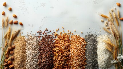 An AI-created image depicting a picture frame of neatly arranged grains and cereals, against a pure white backdrop, where the golden and earthy tones shine through in minimalistic elegance - obrazy, fototapety, plakaty