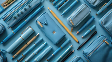 Composition with different school stationery on blue background. Education concept, Flat lay, Top view