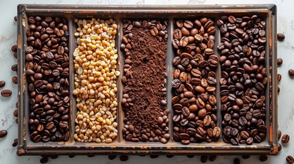 An AI-crafted image depicting a frame made of grains of coffee and cocoa beans, artfully arranged on a white background, where the deep browns and blacks contrast beautifully