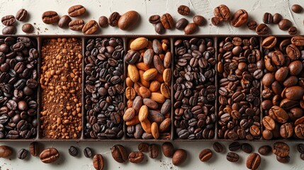 An AI-crafted image depicting a frame made of grains of coffee and cocoa beans, artfully arranged on a white background - Powered by Adobe