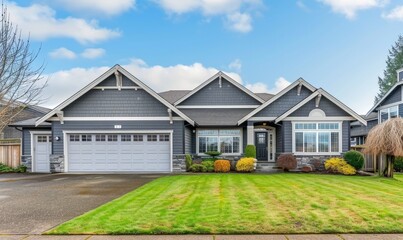 Fototapeta premium Stylish modern home exterior with a perfectly manicured green lawn under a clear sky,