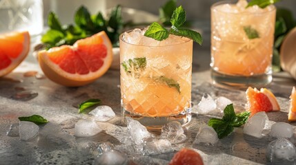 Close Up of Two Glasses With Grapefruit and Mint Drinks - obrazy, fototapety, plakaty