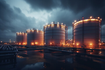  Close up of oil and gas terminal storage tanks of industrial plant or industrial refinery factor with a cloudy sky at night; in a forest environment the future of energy  - obrazy, fototapety, plakaty