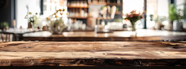 empty wooden table top surface in cafe bar bakery indoor interior for food hot drink product display presentation exposition marketing background - obrazy, fototapety, plakaty
