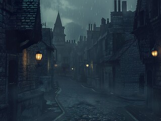 A gloomy street in a deserted town with eerie shadows