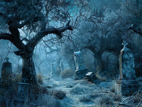 An abandoned graveyard at midnight