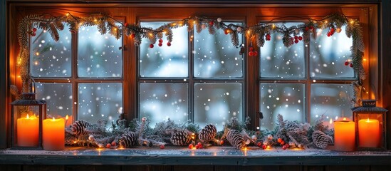 window sill in a Swedish home decorated for Christmas. Festive christmas background