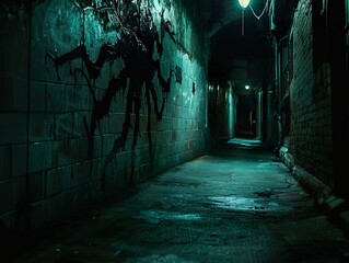 A dark alley with eerie shadows of creatures