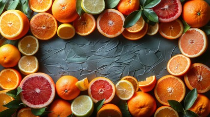 AI-generated image of a sleek picture frame composed entirely of citrus fruits, showcasing...