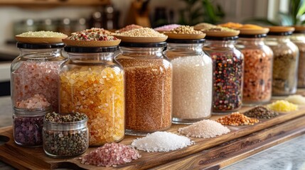 Against the backdrop of a white kitchen, a carousel of gourmet salts from around the world stands ready to season and elevate any dish.