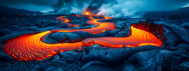 Lava flowing from an erupting volcano at night, glowing magma, natures powerful force - obrazy, fototapety, plakaty