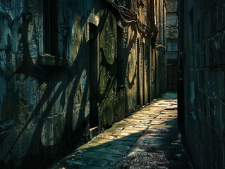 A dark alley with eerie shadows of creatures