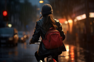 A beautiful young adult of Asianformal woman riding her bicycle to work, a backside portrait of a woman commuting on a bicycle on a rainy day in an urban street at sunset  - obrazy, fototapety, plakaty