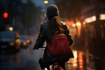Fotobehang A beautiful young adult of Asianformal woman riding her bicycle to work, a backside portrait of a woman commuting on a bicycle on a rainy day in an urban street at sunset  © pangamedia