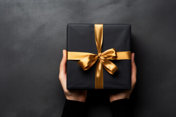 Minimal black and gold background with male hands holding a wrapped gift box seen from above for a birthday 