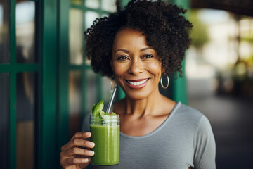 Generated with AI picture of woman drinking fresh raw detox vegetable fresh juice smoothie - obrazy, fototapety, plakaty