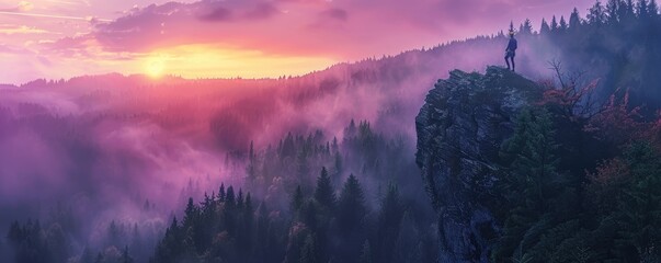 tourist on a cliff's edge overlooking a misty forest at sunset conveying solitude and adventure - obrazy, fototapety, plakaty