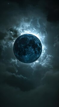 A wide medium shot capturing the stark contrast between the dark silhouette of the landscape and the glowing blue eclipse overhead