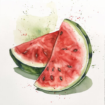 cut watermelon on a white background watercolor drawing