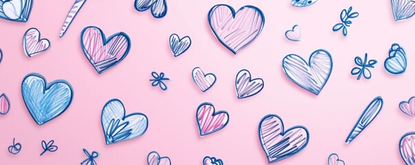 Hand-drawn hearts and doodles on pink background