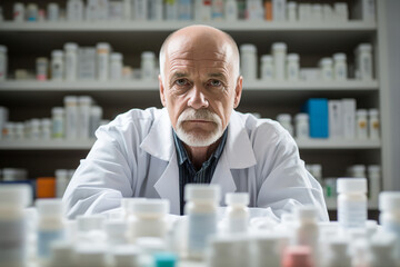 Smiling cheerful confident pharmacist in drugstore store shop Generative AI