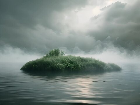 3D rendering of a small, minimal island with storm clouds overhead, indicating changing weather patterns