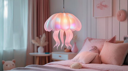 Pink girls bedroom with creative jellyfish shaped lamps - obrazy, fototapety, plakaty